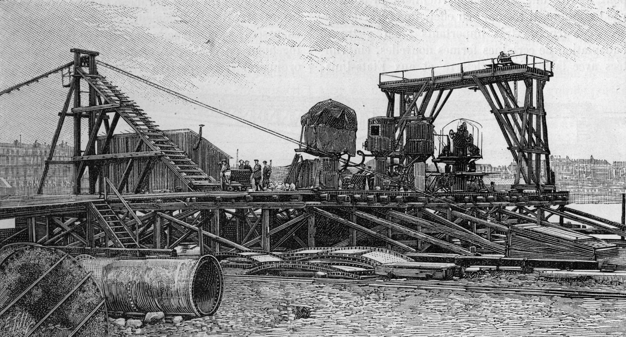 Opførelsen af Mirabeau-broen i Paris (1893): servicebroen (fra et fotografi). Indgravering i "" La Nature: revue des sciences et de leurs applications aux arts et a l