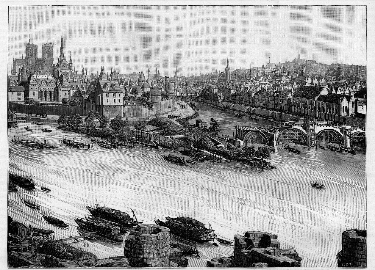 Byggeriet af Pont Neuf i Paris, der passerer gennem Square du Vert-Galant for enden af Ile de la Cite. De første værker i 1578. Indgravering i "" Le Monde illustrious"" af Unknown artist