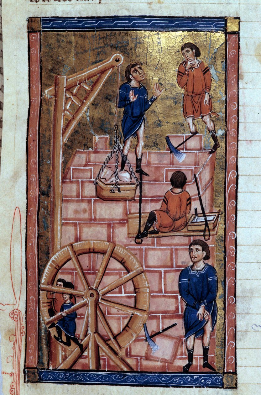 Byggeriet af Babelstårnets miniature fra et manuskript "Universal History""" omkring det 13. århundrede. Dijon kommunale bibliotek af Unknown artist