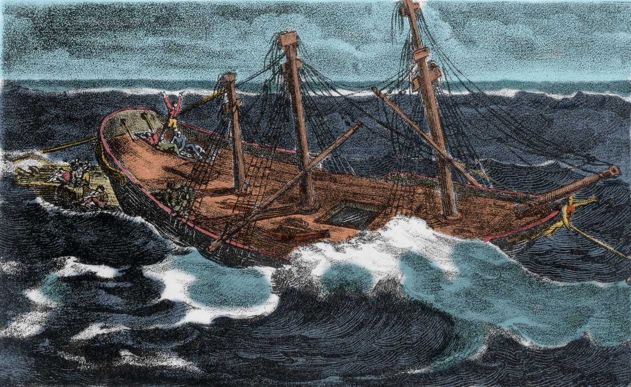 Konstruktionen af flåden af fregatten "" Meduse"" mislykkedes den 02/07/1816 på bredden af Arguin, nær Mauretaniens kyst. Indgravering af det 19. århundrede af Unknown artist