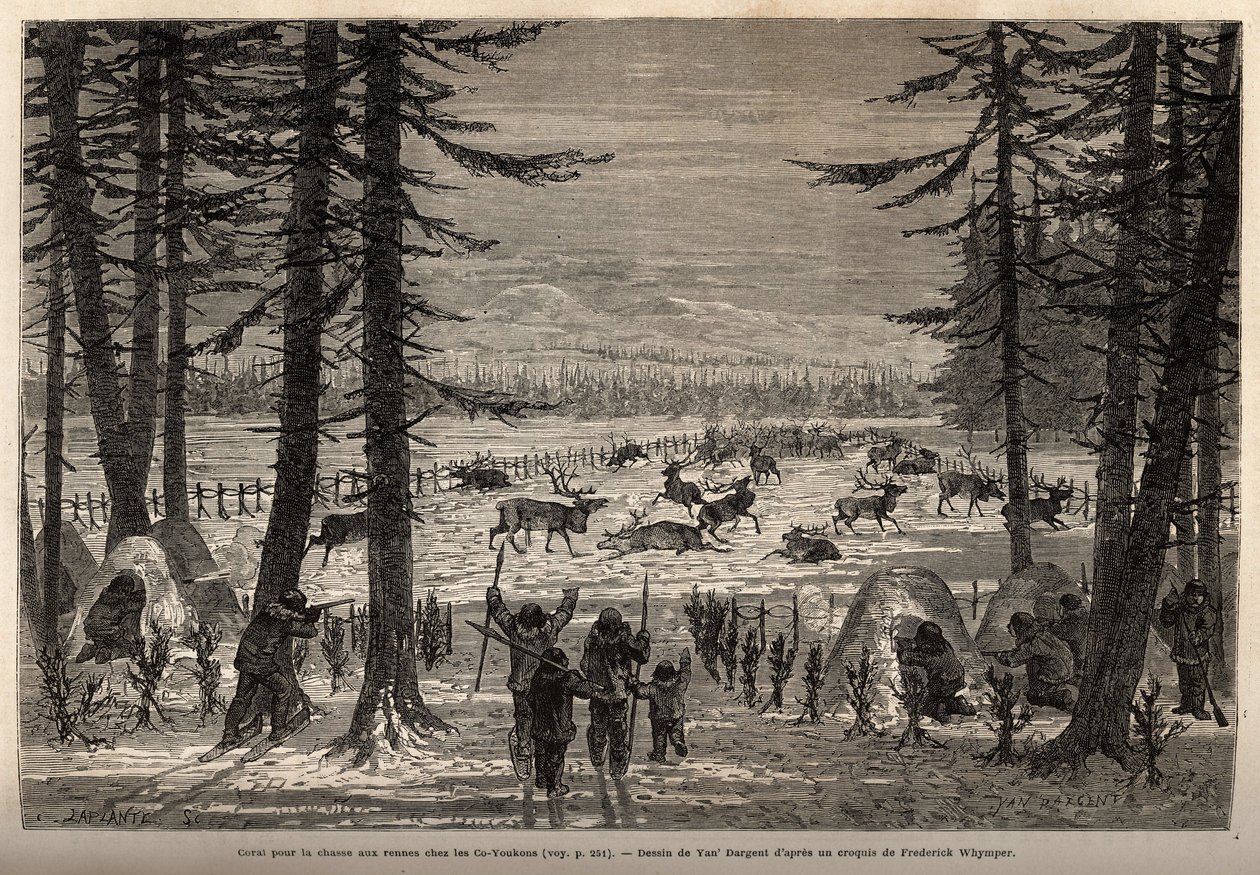 Korallen til rensdyrjagt i Co-Yukon (co-Yukon eller co-Youkouk) (indisk stamme i det ekstreme nordlige Canada). Gravering for at illustrere rejsen og eventyrene i det engelske Colombia, Vancouver Island og Alaska, af Frederick Whymper af Unknown artist