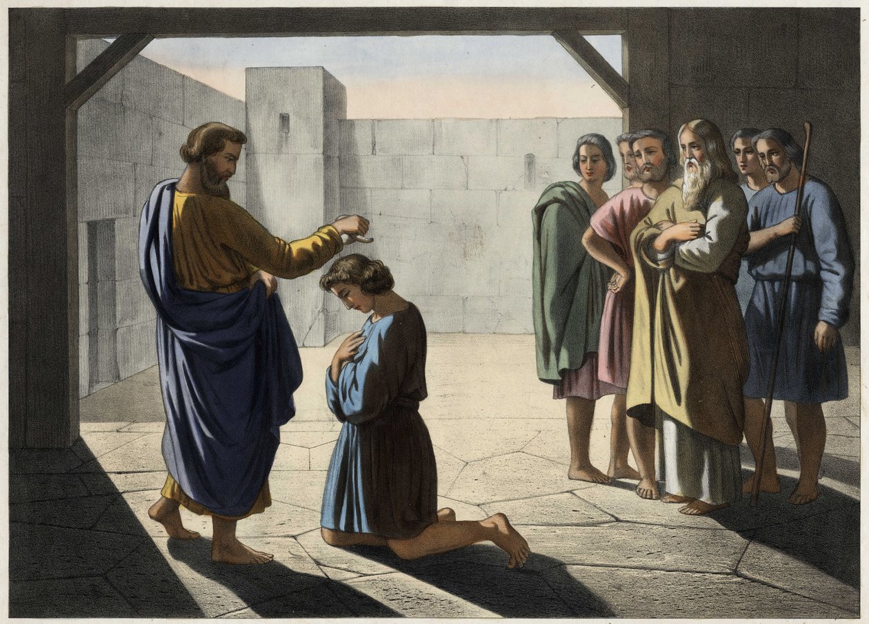 Davids kroning: Samuel udpeger David til Israels konge. Anonym gravering af det 19. århundrede. af Unknown artist