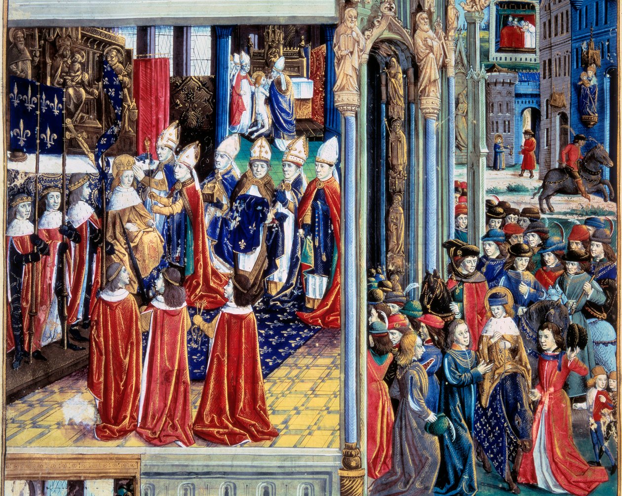 Kroningen af kong Saint Louis (Louis IX) (1214-1270) den 29/11/1226 i katedralen i Reims"" Miniature fra et manuskript "" Faktabogen Monsignor Saint Louis""" 1400-tallet. Paris, B.N af Unknown artist