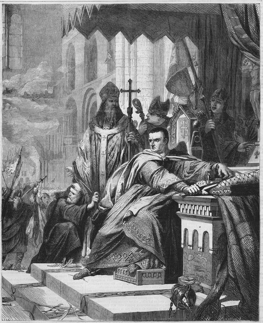Kroningen af Vilhelm I Erobreren (1027 til 1087) i 1066. Hertug af Normandiet (1035 - 1087) og konge af England (1066 - 1087). Indgravering af det 19. århundrede. af Unknown artist