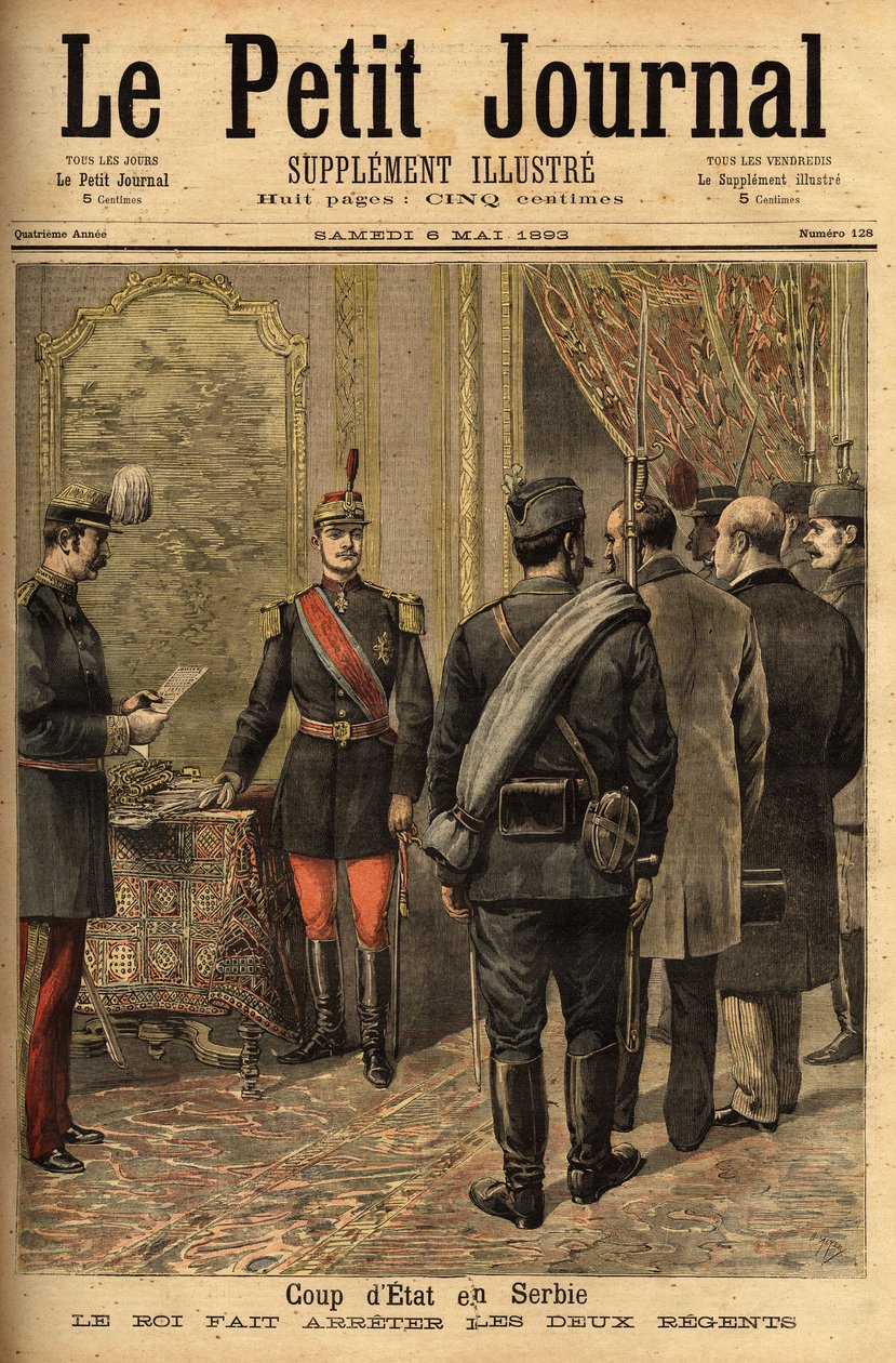 Statskuppet den 14/04/1893 af Alexander I Obrenovic (1876-1903) proklamerede hans flertal og havde regenterne af Ristitch og Belimarkovich, samt alle ministrene fra den tidligere regering. Indgravering i "" Le petit journal"" 6/05/1893. Selvas kollega af Unknown artist