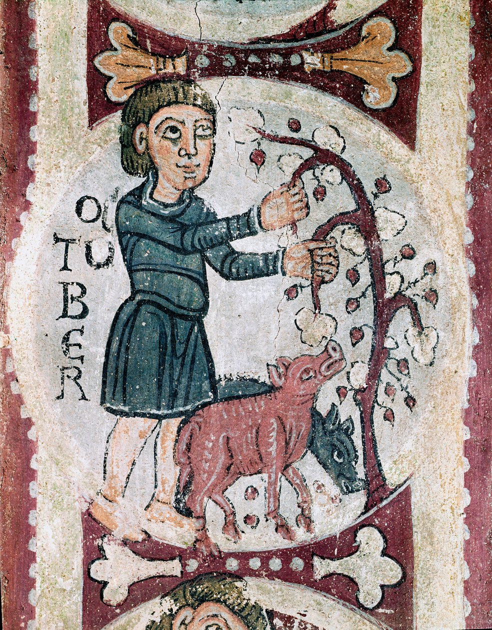Månedernes cyklus: Oktober: samlingen af agern. Detalje af en fresko fra det 12. århundrede fra Royal Pantheon of the Real Colegiata of San Isidoro (Royal Collegiale of Saint Isidore). Leon. af Unknown artist