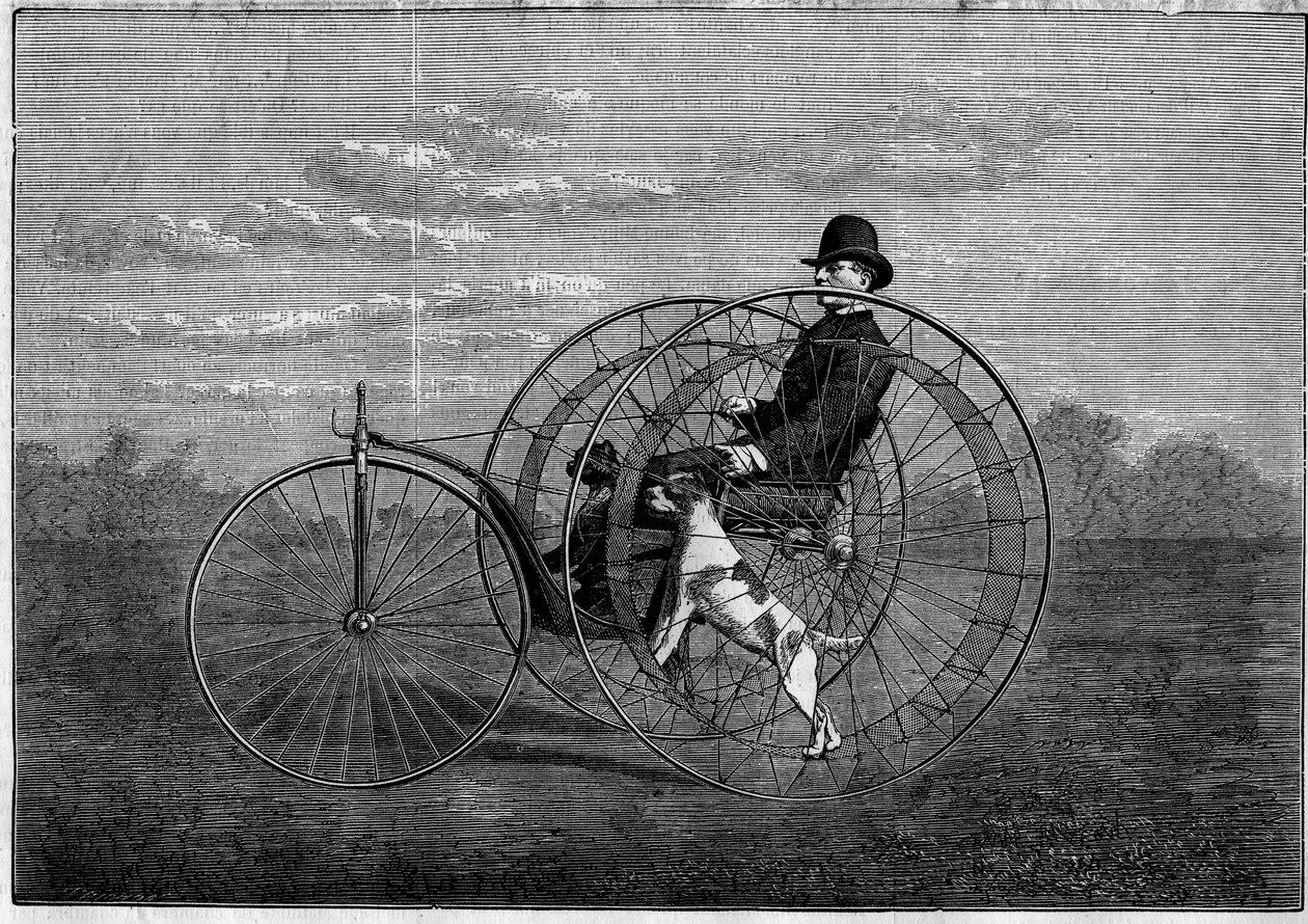 Cynoferen: velocipede drevet af hunde. Opfindelse fra slutningen af det 19. århundrede. Indgravering i "The Illustrious Universe"" af 6. maj 1876. af Unknown artist