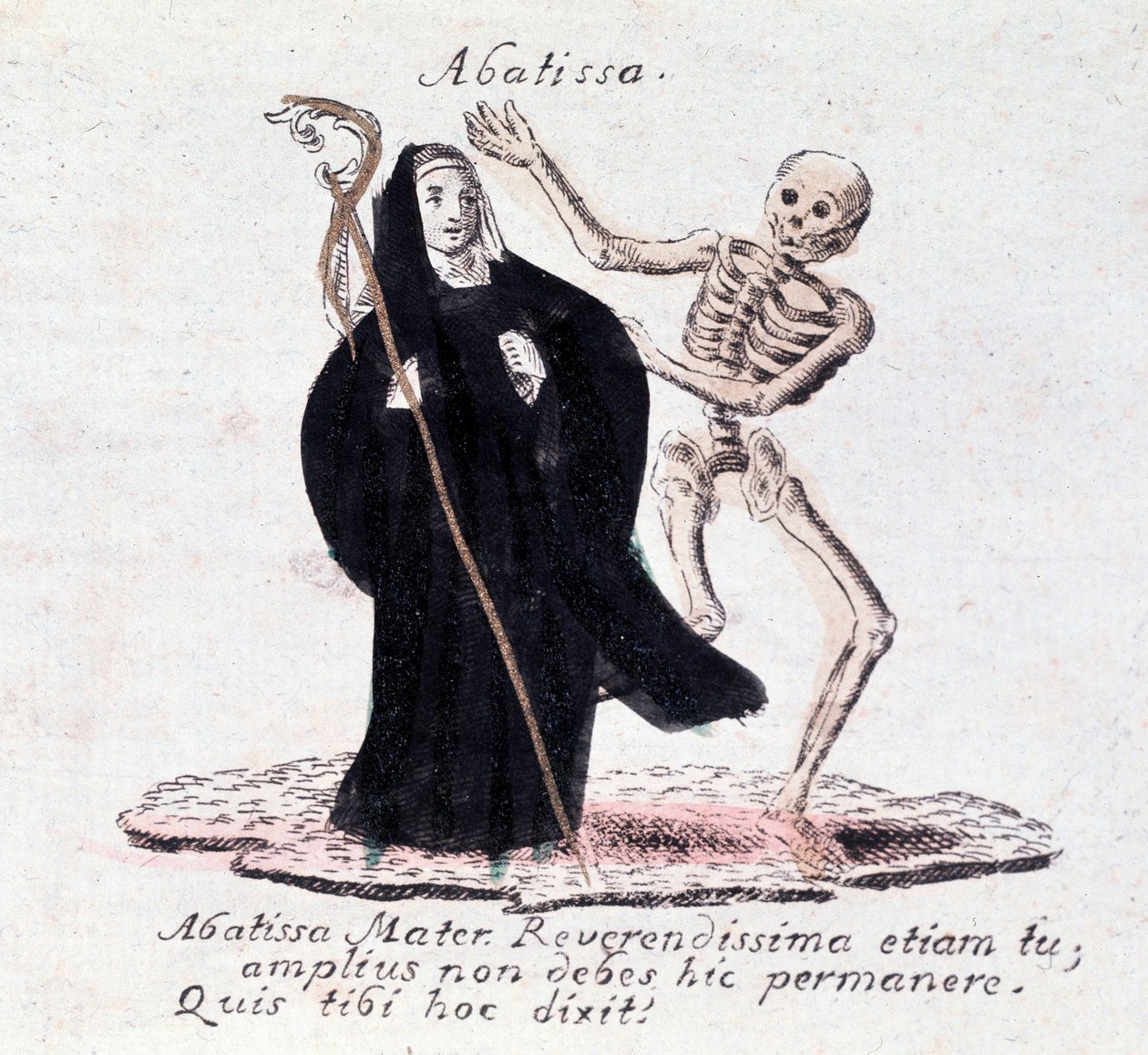 Dødedansen, abbedissen og et skelet (Print) af Unknown artist