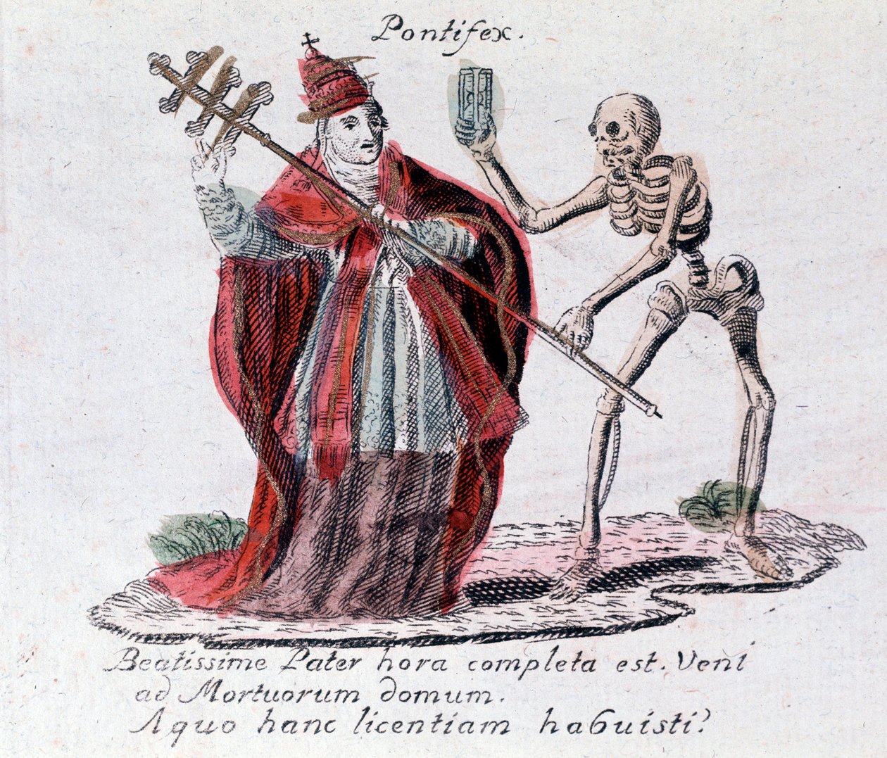 Dødedansen, paven og et skelet (tryk) af Unknown artist