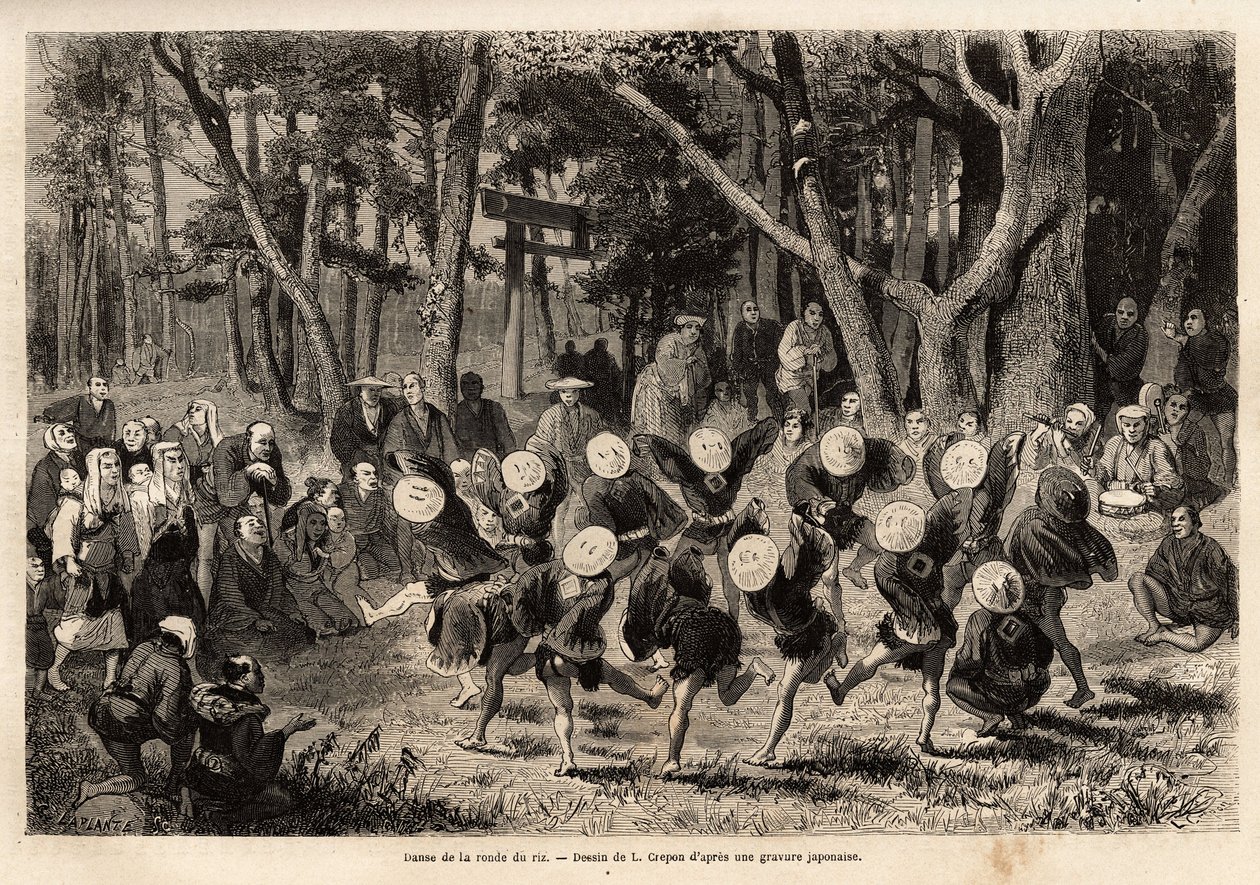 Risrundens dans, som finder sted i årets 10. måned, relaterer sig til kornafgrøder. Gravering til illustration af rejsen til Japan af Aime Humbert, minister for Det Schweiziske Forbund, i 1863-1864, udgivet i "" le tour du monde"", und af Unknown artist