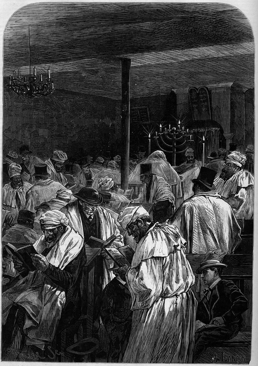 Dagen for jødernes store tilgivelse eller fejringen af Yom Kippur i en synagoge på rue Saint Louis en l
