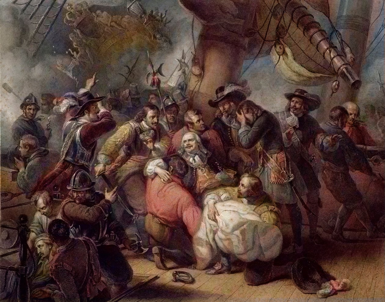 Admiral De Ruyterdes død - Michel de Ruyters død (Michiel Adriaenszoon de Ruyter (1607-1676), generalløjtnantadmiral i De Forenede Provinser, flådehelte, der spillede en stor rolle under de engelsk-hollandske krige i det 17. århundrede, mod E af Unknown artist