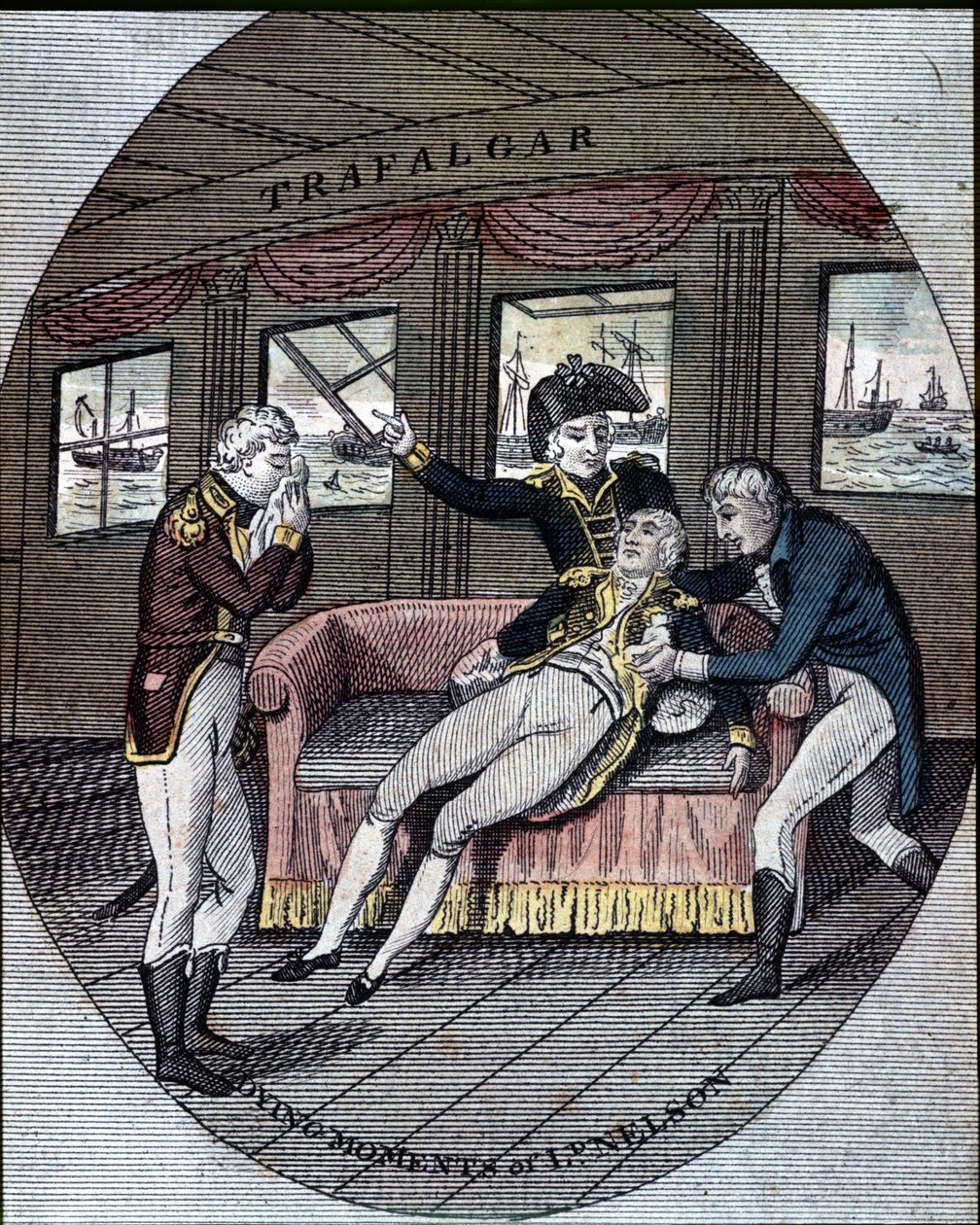 Admiral Nelsons død, slaget ved Trafalgar, ombord på hans skib, "Victory" (21. oktober af Unknown artist