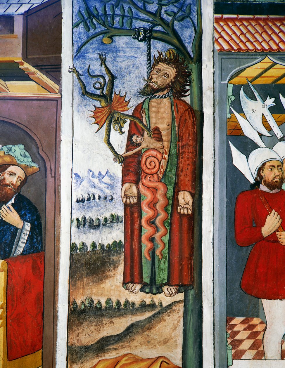 Judas død, Kristi liv (1400-tallet), kalkmalerier, St. Sebastians kapel, Villard-de-Lans, Rhone-Alpes, Frankrig. af Unknown artist