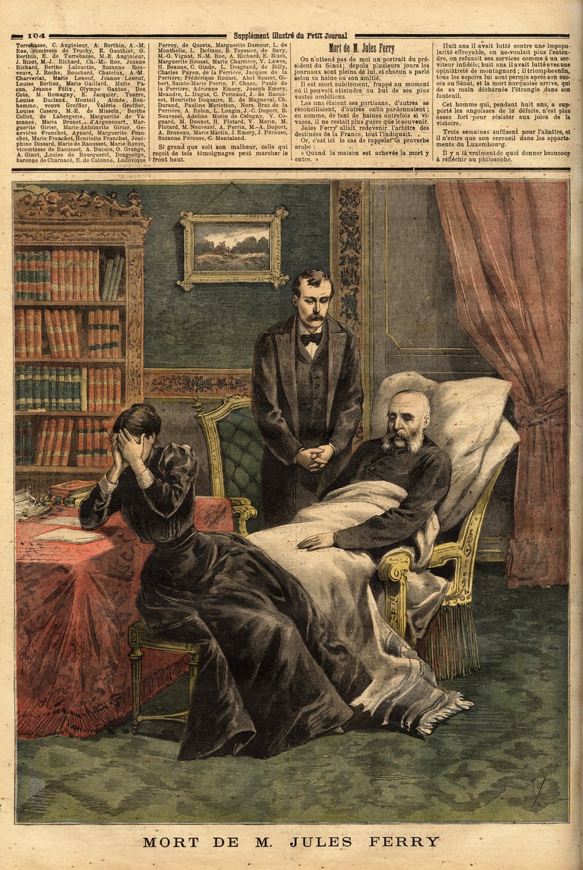 Jules Ferrys død (1832-1893), en republikansk politiker, forsvarer af Laique-skolen og tilhænger af koloniudvidelse. Indgravering i "" Le petit journal"" 1/04/1893. Selvas samling. af Unknown artist