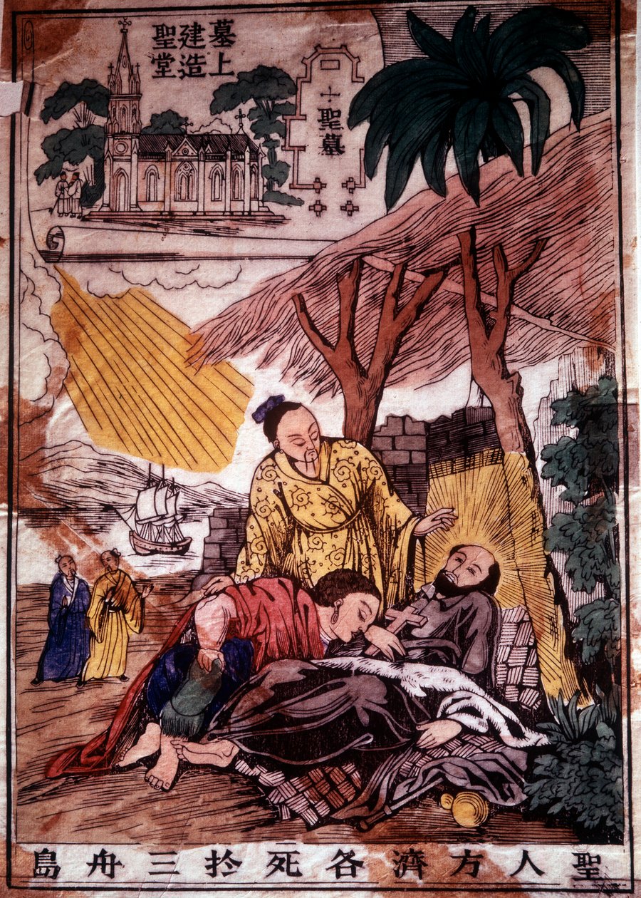 Døden af Saint Francois Xavier (1506-1552), en spansk jesuitermissionær, en af grundlæggerne af odre af Jesu selskab i Kina. Indgravering af det 19. århundrede. Chantilly, jesuiterseminar af Unknown artist