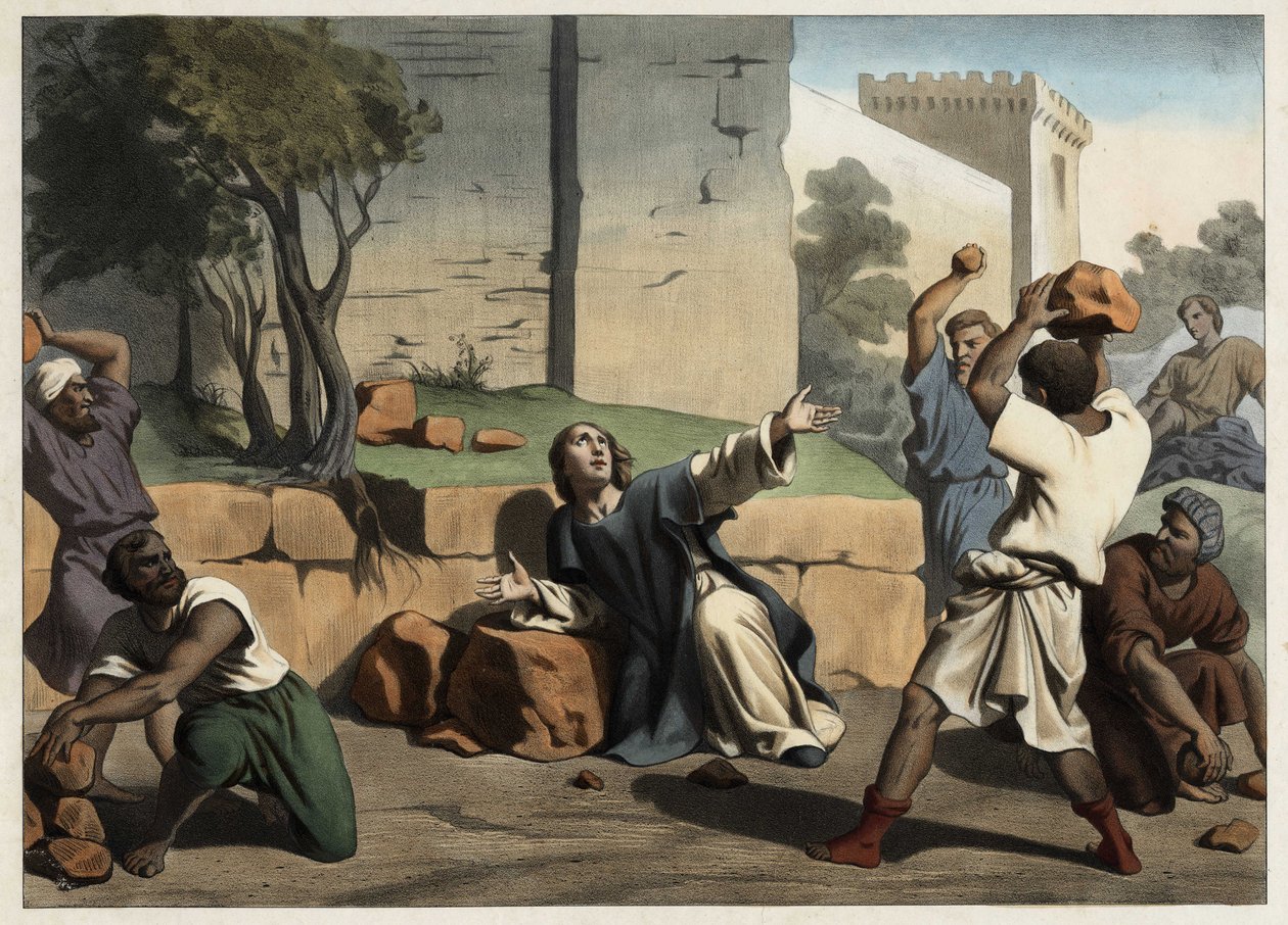 Sankt Stefans død: Sankt Stefan stenet af jøderne betragtes som den første kristne martyr. Anonym stik fra midten af 1800-tallet. af Unknown artist