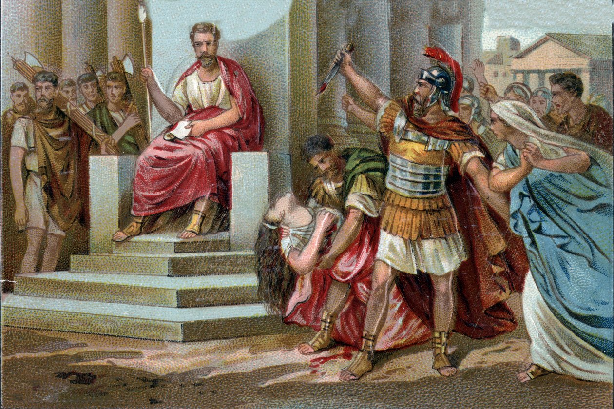 Virginias død I 449 f.Kr. hævder Appius Claudius, decemvir under Republikken Rom, Virginia (Verginia), datter af Centurion Virginius (Verginius), som han er forelsket i, ligesom sin slave. Ved at misbruge sin magt får han hende til at stoppe. Decemviren c af Unknown artist