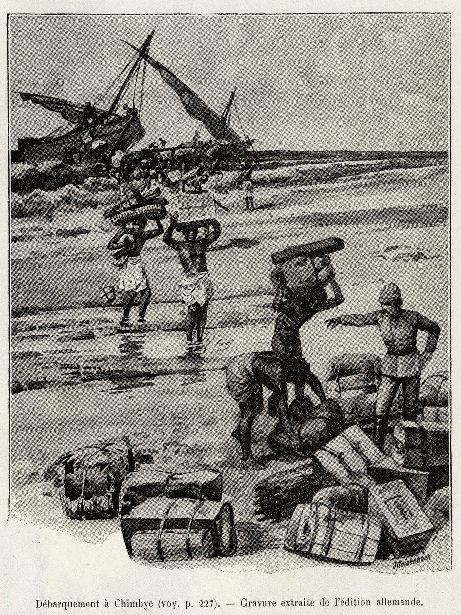 Afbarkningen ved Chimbye (Tanzania) af Peters-ekspeditionen. Gravering til illustration af historien "Au secours d