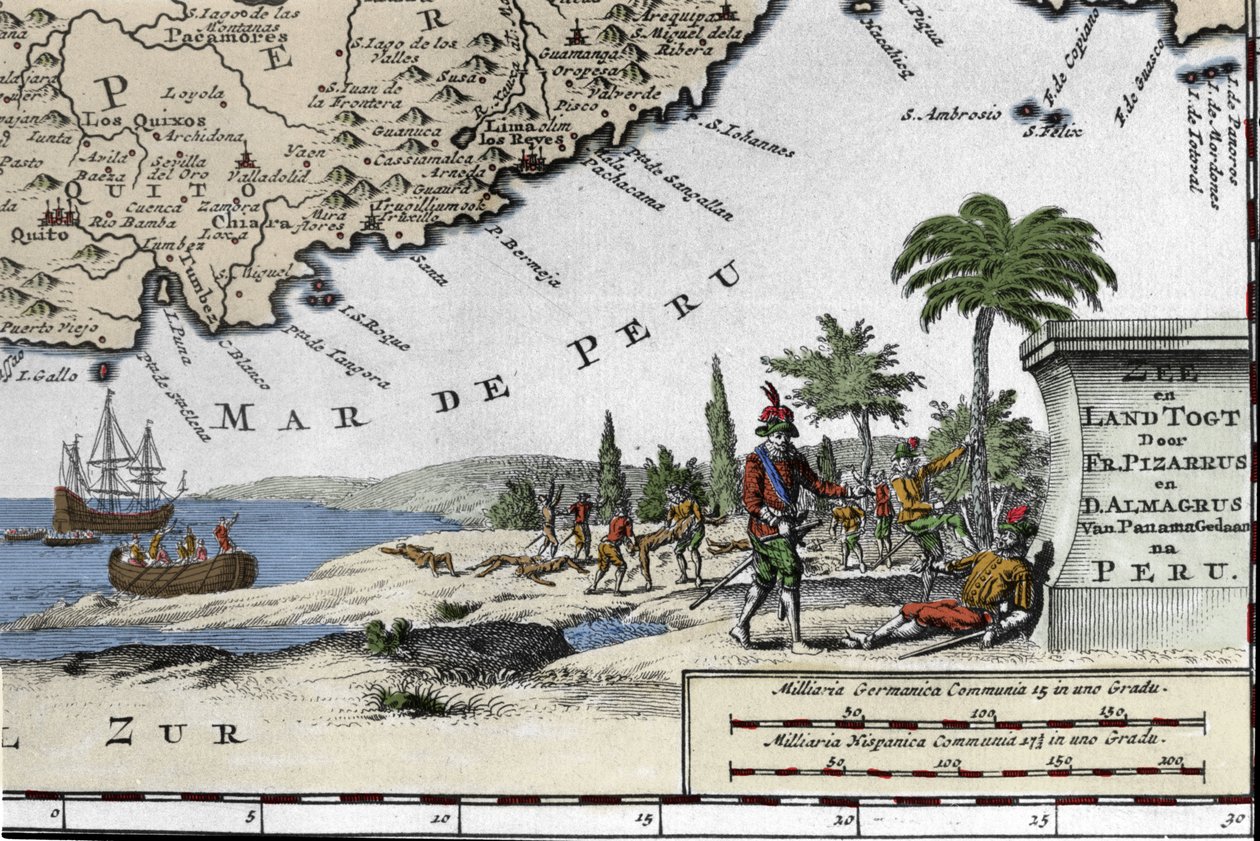 Landstigningen af de spanske conquistadorer Francisco Pizarro (Francois Pizarre af Unknown artist