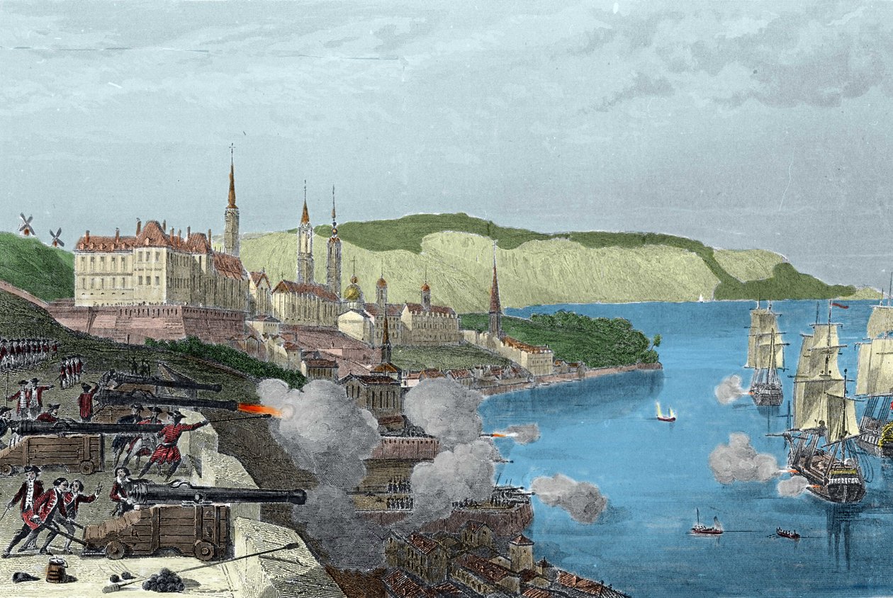 Forsvaret af Quebec af grev Louis de Buade, grev af Frontenac (1622-1698) den 16/10/1690. Coloree gravering i "Histoire generale de la marine" af Van Tenac af Unknown artist