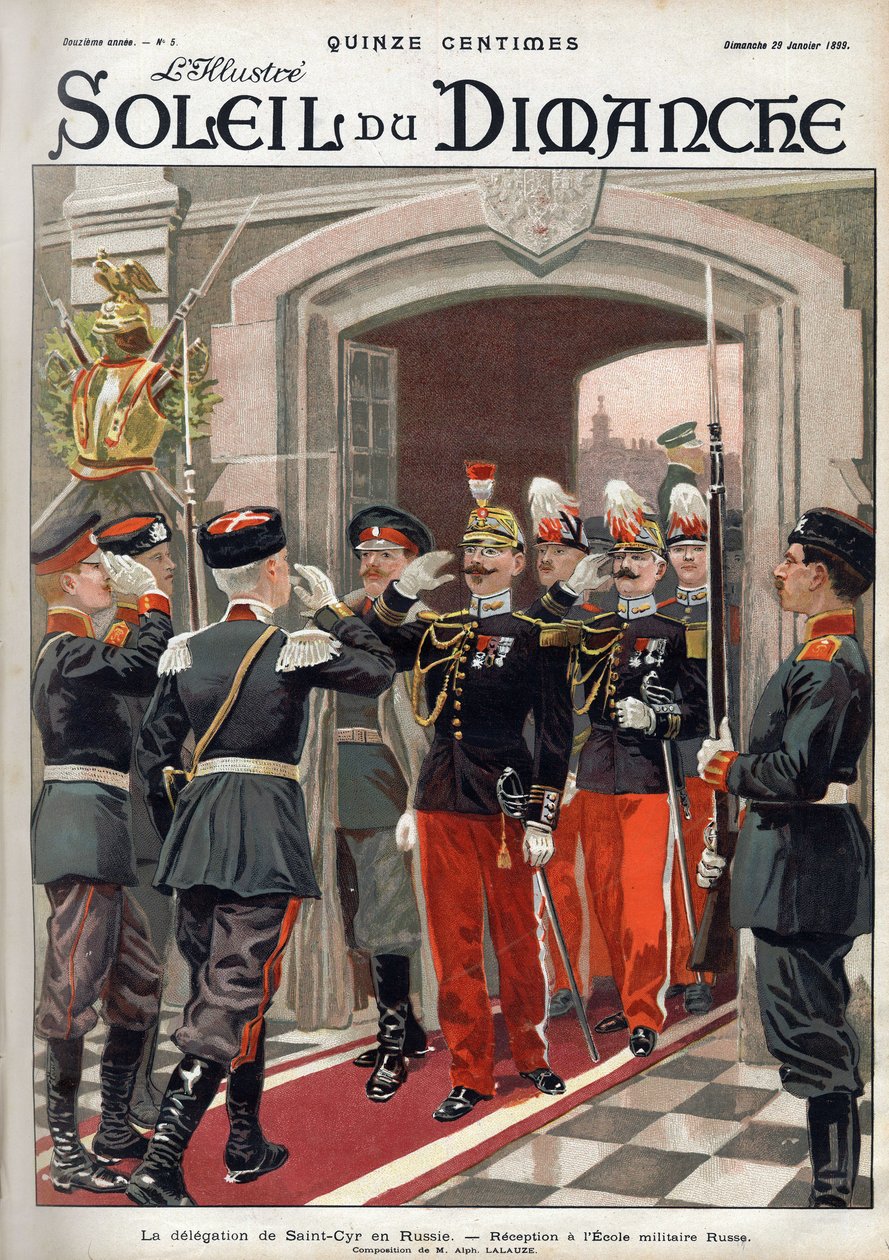 Delegationen fra Saint Cyr (St. Cyr) i Rusland: reception på den russiske militærskole. Indgravering i "" Le sun-du-dimanche"", 29. januar af Unknown artist