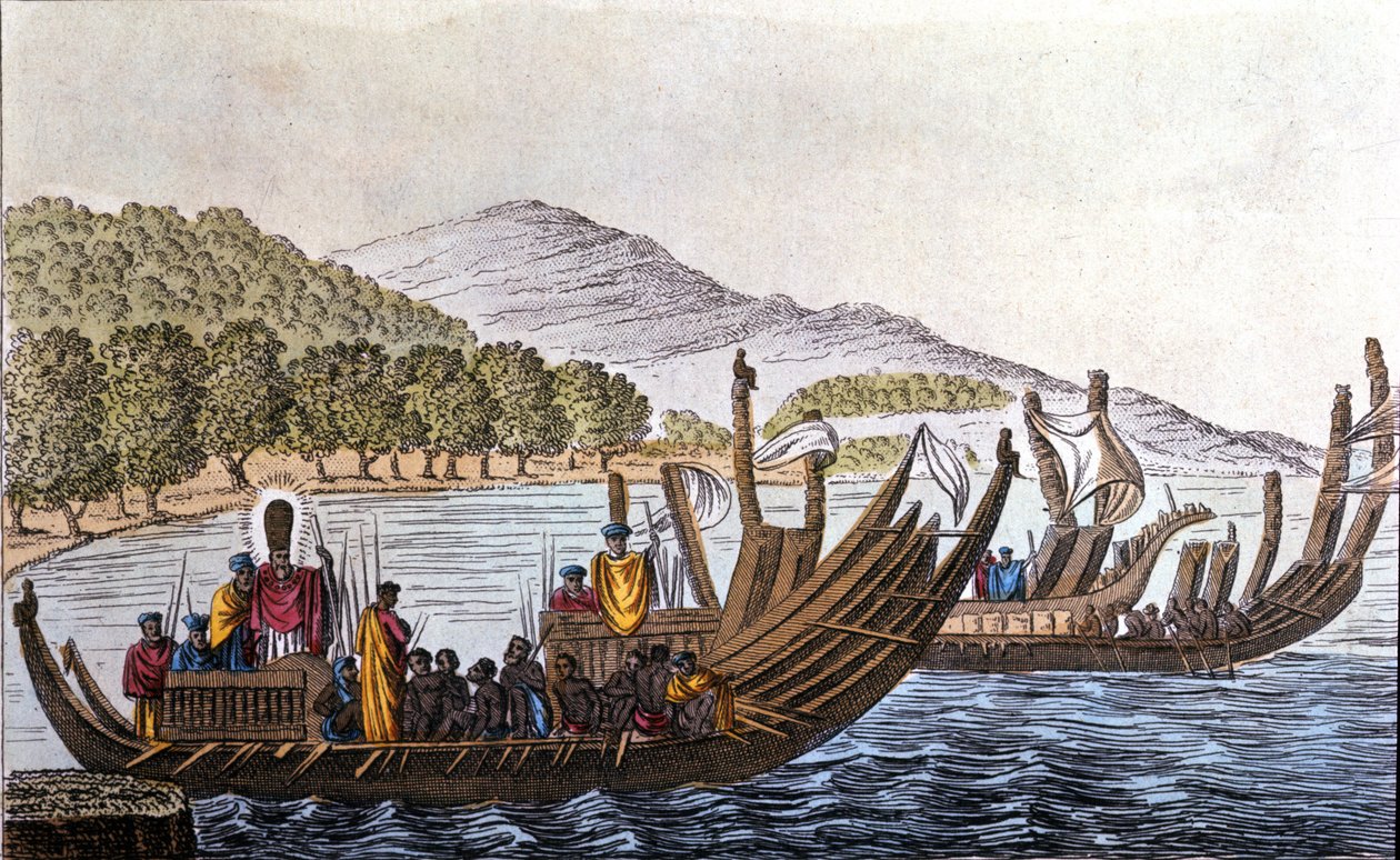 Afdelingen af polynesere for Stillehavet ombord på dobbeltskrog kanoer. Litografi fra begyndelsen af 1800-tallet af Unknown artist