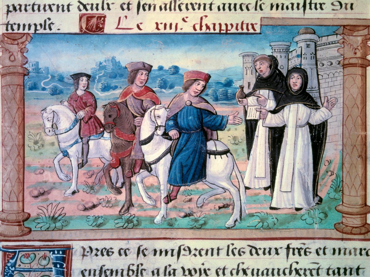 Brødrene Nicolo og Matteo Polos afgang, far og onkel til den unge Marco Polo (1254-1324) med den unge mand omkring 1271. Miniature taget fra "" Vidundernes bog""" ("" Devisement du monde", "" Il Milione") af Marco Polo (1254-1324) 1298 Bibl af Unknown artist