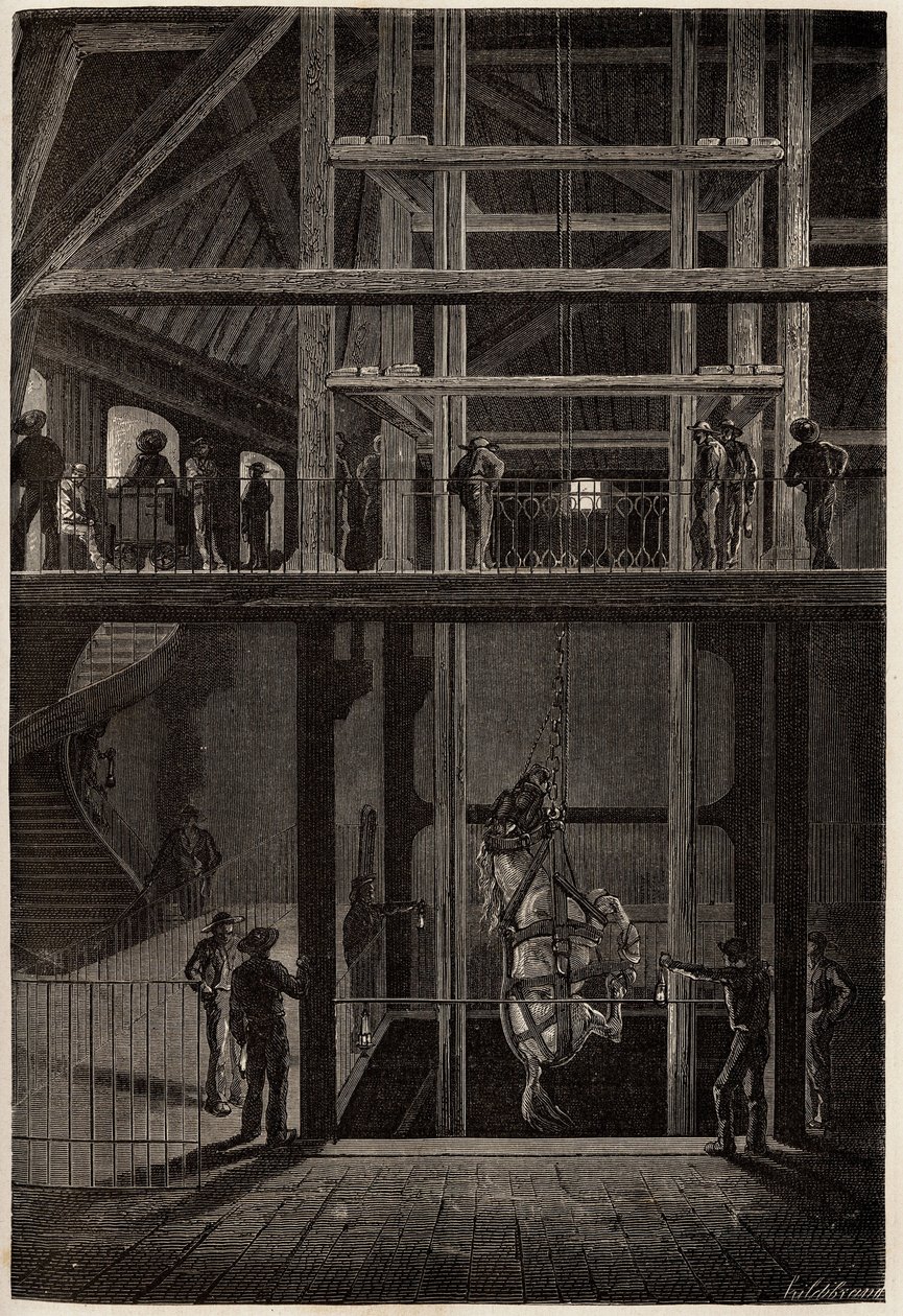Nedstigningen af en hest i Creusot-minerne, brugt i underjordiske tunneler til transport af kulvogne. Gravering til illustration af en rejse til Creusot og minerne i Saone og Loire, i 1865, af L. Simonin, i "" Le tour du monde, nouveau journal des af Unknown artist