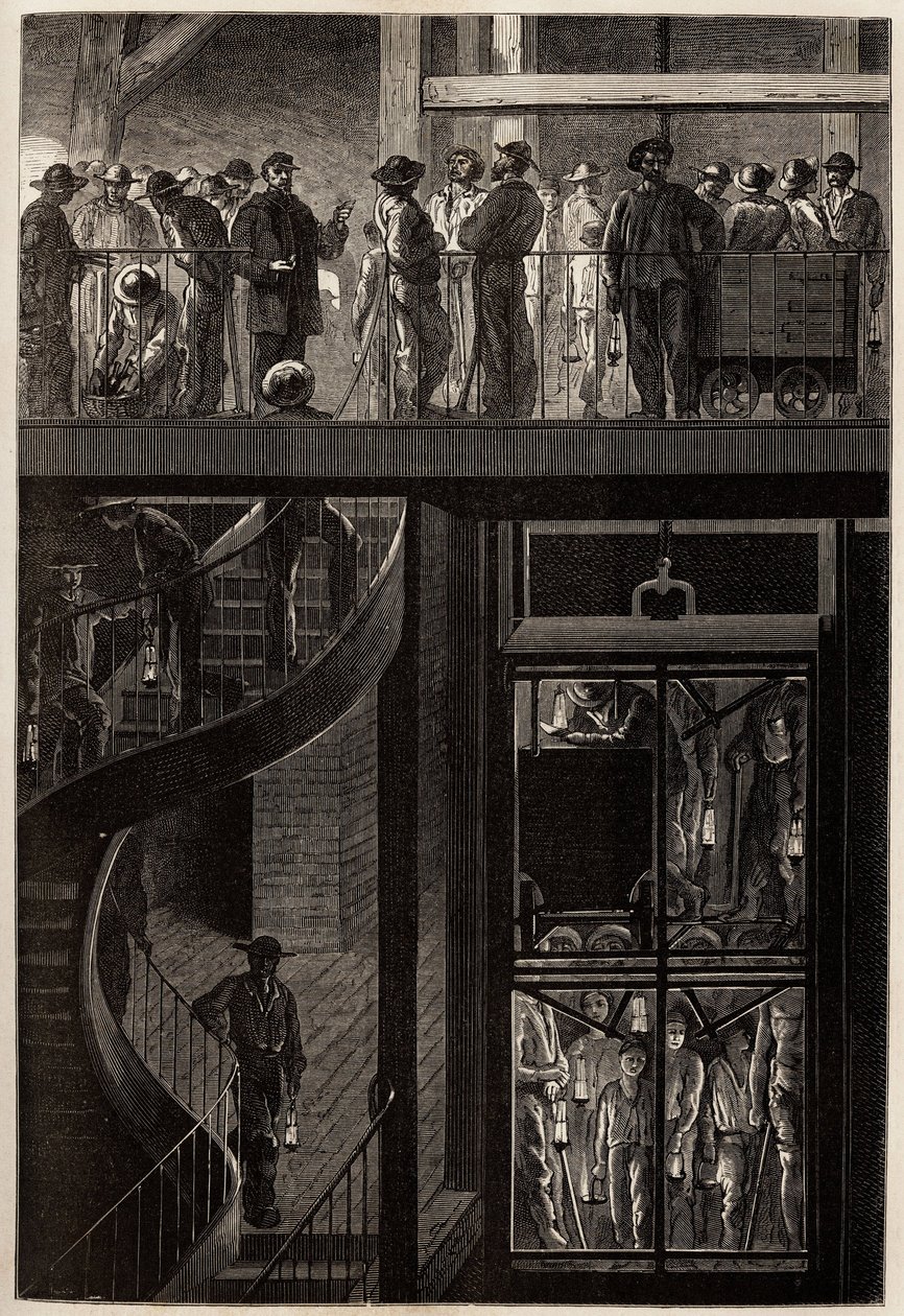Minearbejdernes (mænd, kvinder og børn) nedstigning gennem elevatorburet til de underjordiske gallerier i Creusot-kulminerne. Gravering til illustration af en rejse til Creusot og minerne i Saone og Loire, i 1865, af L. Simonin, i "" Le tour du m af Unknown artist