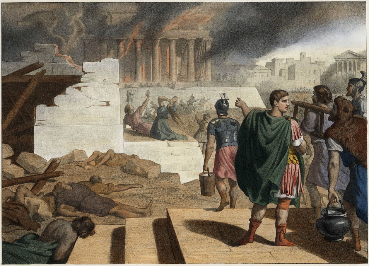 Ødelæggelsen af templet og byen Jerusalem i 70 af den romerske kejser Titus (40-81). Anonym stik fra midten af 1800-tallet. af Unknown artist