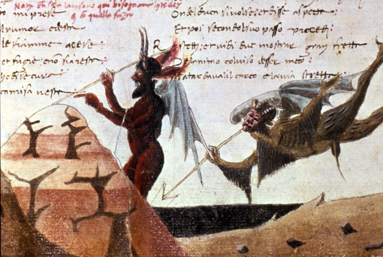 Djævlerne i en cirkel af helvede efter en håndskrevet udgave af Divina Commedia (Den guddommelige komedie) af Dante Alighieri (1265 - 1321) fra det 14. århundrede. Bibl.Trivulziana Milano. af Unknown artist