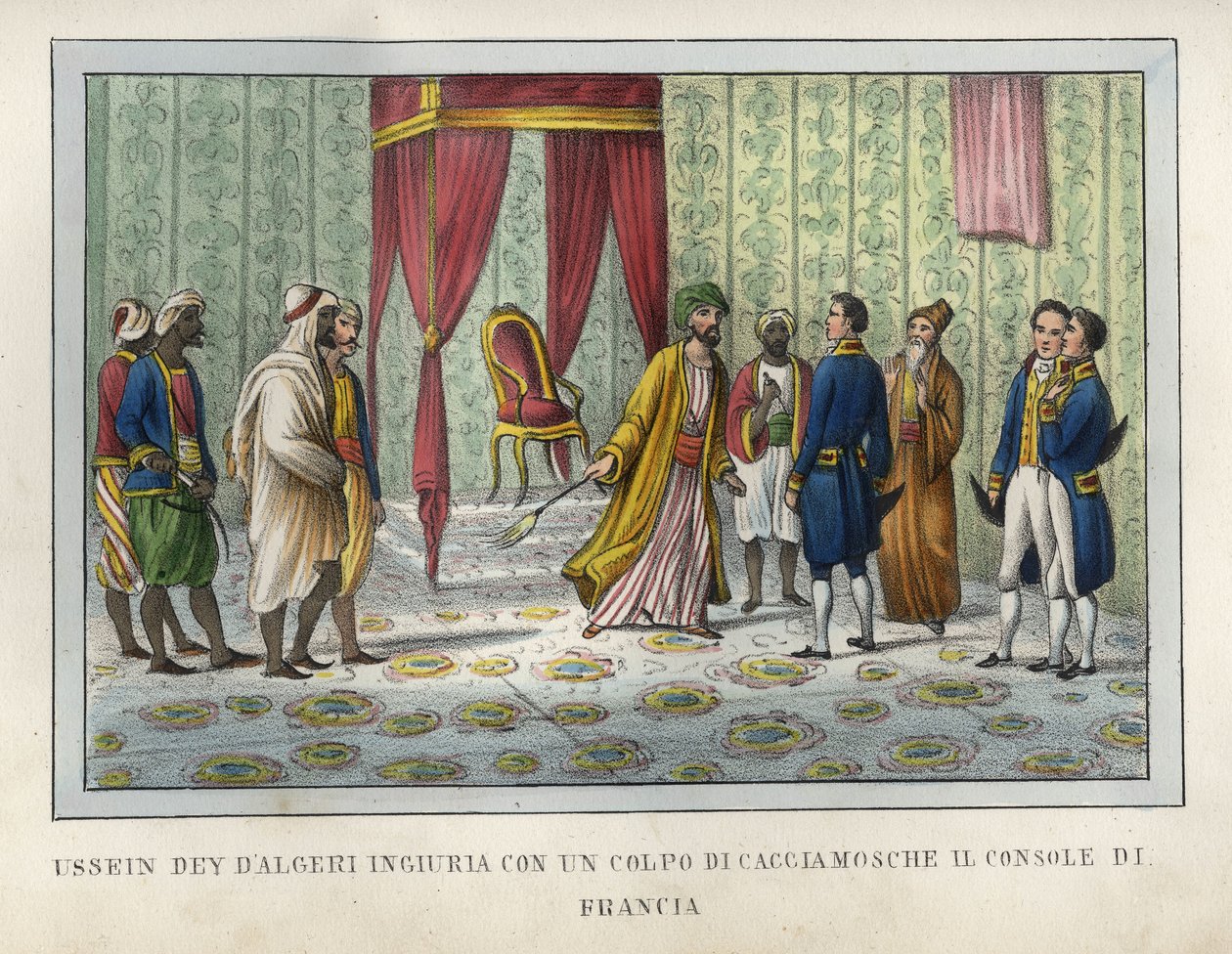Algiers død, Hussein, der dømte sig selv fornærmet af den franske konsul Pierre Deval, havde blæst ham af sin fluejæger i april 1827. Denne episode var afgørende for udviklingen af begivenheder, der førte til erobringen af Algier i 1830. Indgravering” L