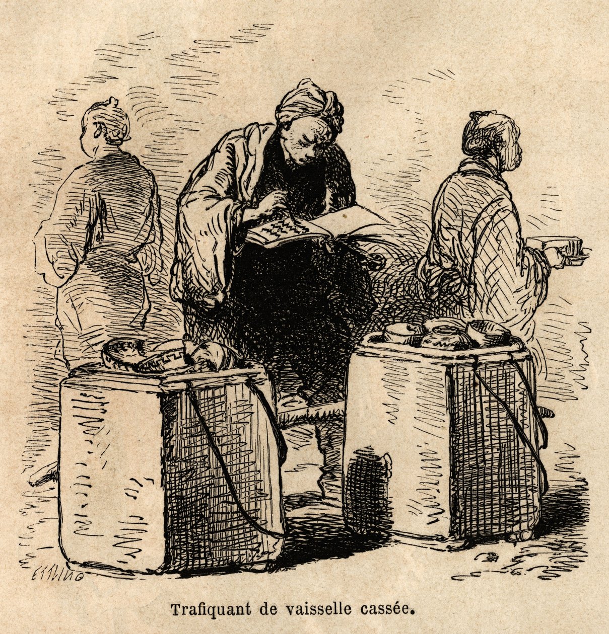 Den snavsede tallerkenhandler. Gravering til illustration af rejsen til Japan af Aime Humbert, minister for Det Schweiziske Forbund, i 1863-1864, udgivet i "" le tour du monde"", under ledelse af Edouard Charton, Hachette, Paris 1869. Selva Collection. af Unknown artist