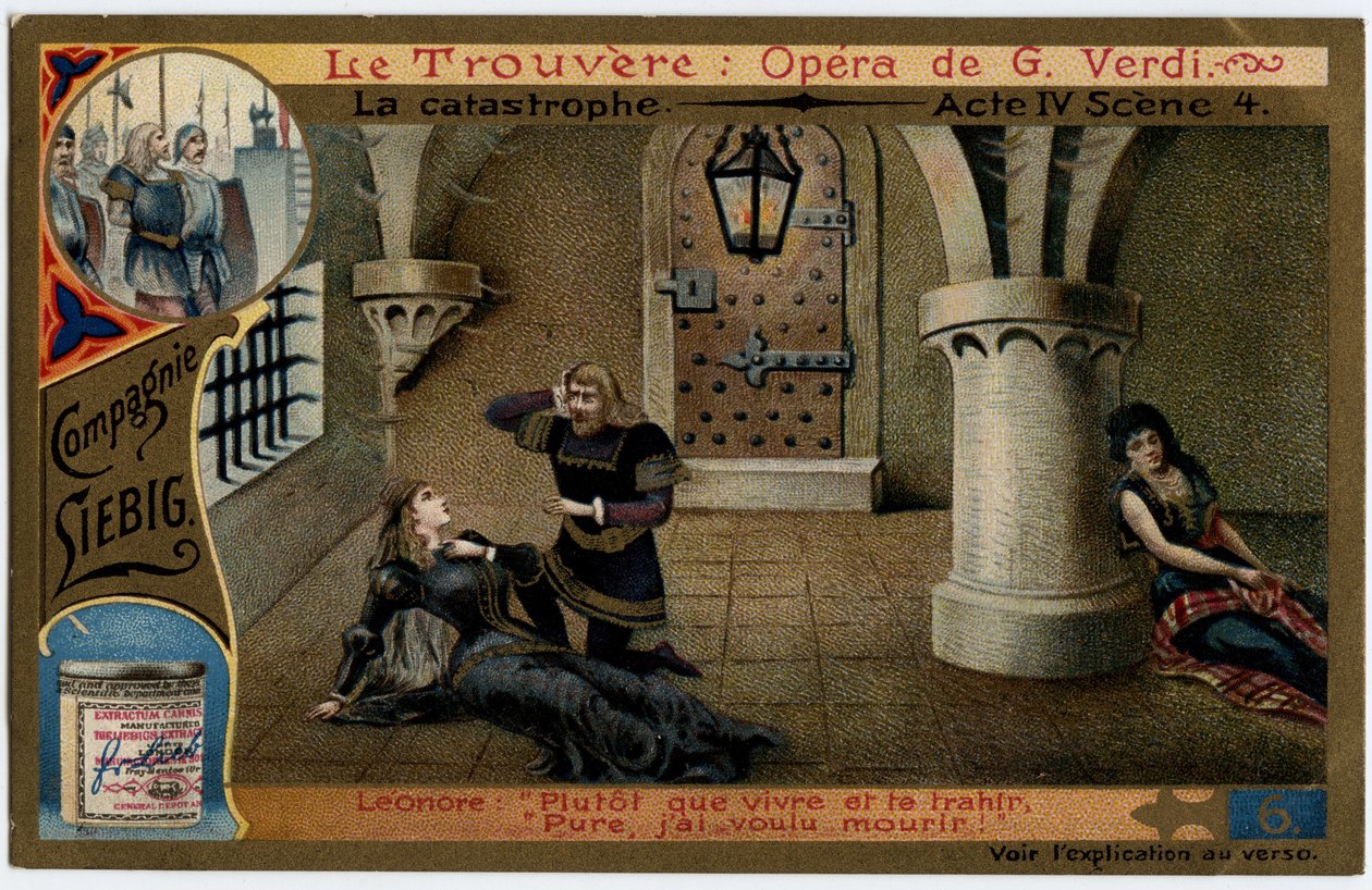 Katastrofeakt IV scene 4. Illustration til operaen "" Fundet"" (Il trovatore) af Giuseppe Verdi (1813-1901). Kromolitografi (Chromo) Liebig fra slutningen af 1800-tallet. af Unknown artist