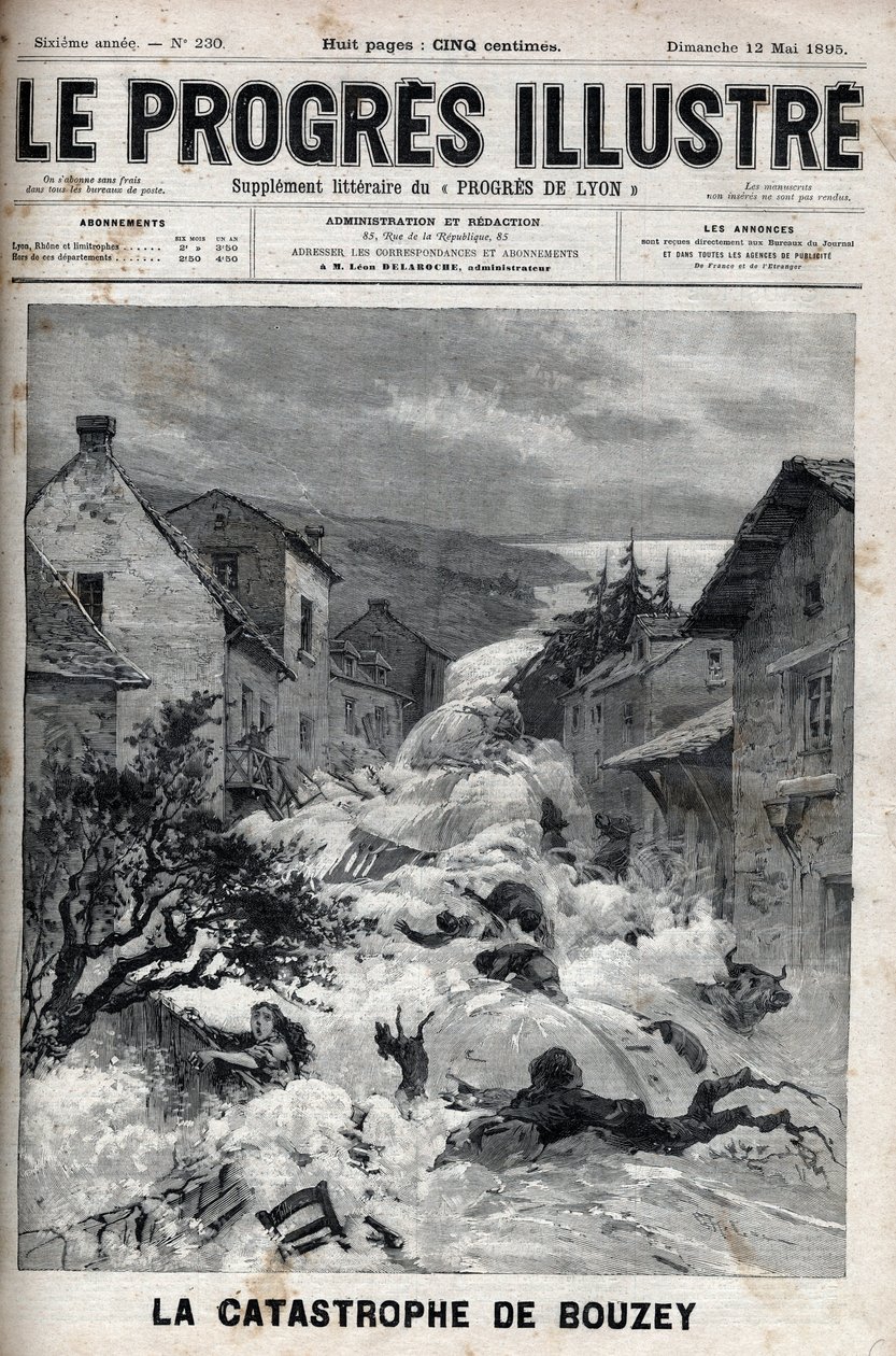 Katastrofen i Bouzey (Vosges), dæmningen af reservoiret Epinal brød, og hældte 7 millioner kubikmeter vand - Indgravering i "Le Progres illustrious"" fra 1895 af Unknown artist