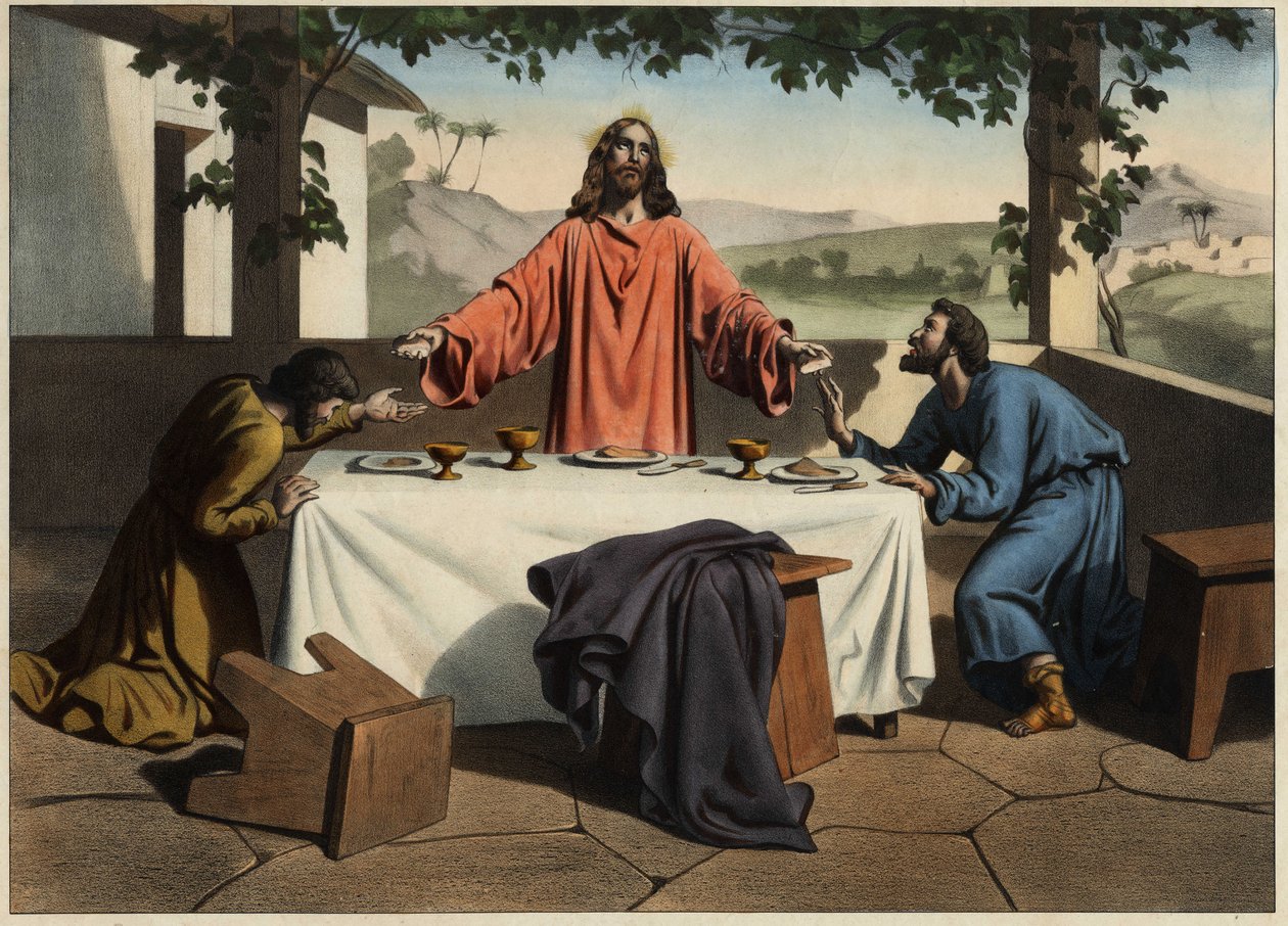 Emaus (Emmaus) disciple møder den opstandne Kristus påskeaftenen, som deler brød. Anonym stik fra midten af 1800-tallet. af Unknown artist