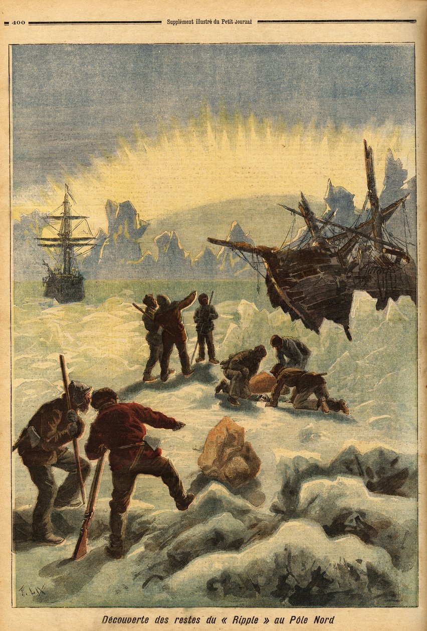 Opdagelsen af resterne af Ripple (norsk skib), fanget i isen på Nordpolen. Indgravering i "" Le petit journal"" 16/12/1893. Selvas samling. af Unknown artist