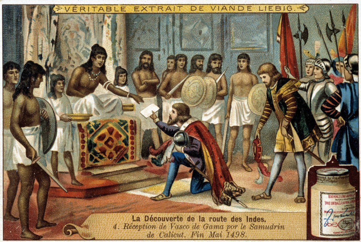 Opdagelsen af Indes-ruten: Modtagelse af Vasco de Gama af Samudrin af Calicut, slutningen af maj 1498 - reklamevignet Liébig af Unknown artist