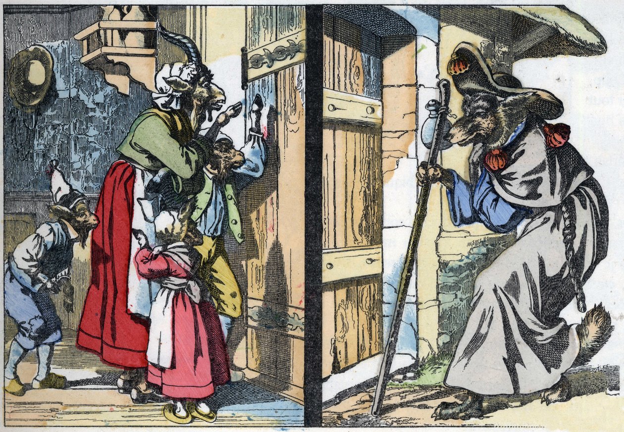 Udklædningsulven banker på døren til huset med bukken og biketterne. Illustration af fortællingen "Compere le Loup, Maitre Renard, Comere la Chevre et ses petits biquets"" efter en fabel af Jean de la Fontaine. I "" Fortællinger fra hjemmet for de små af Unknown artist