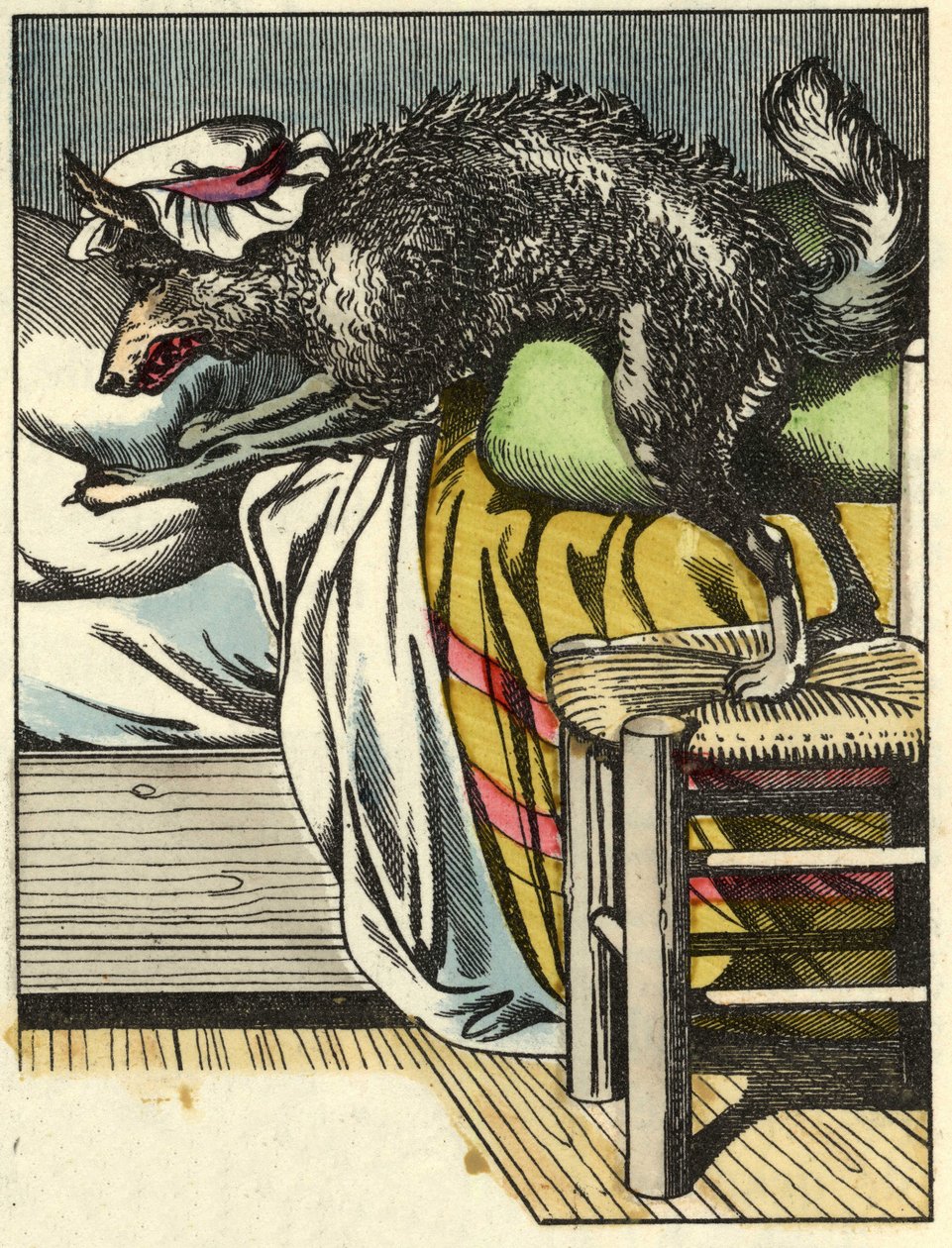 Udklædningsulven indtager bedstemorens plads i sengen. Illustration af fortællingen "Den Lille Rødhætte" af Charles Perrault af Unknown artist
