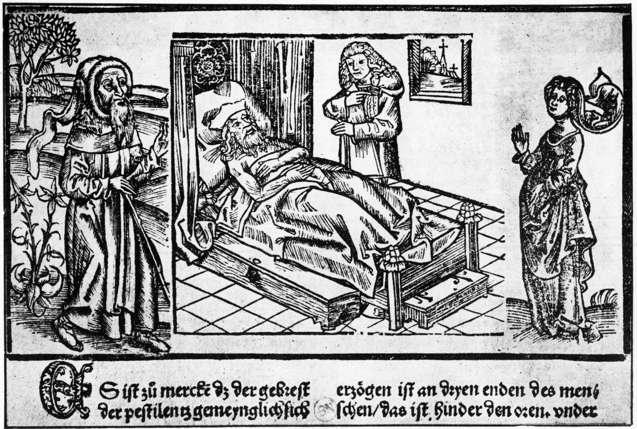 Lægen i sengen på Pestiferé, trægravering af ”Liber pestilentialis” af Jérôme Brunschwig, Strasbourg af Unknown artist
