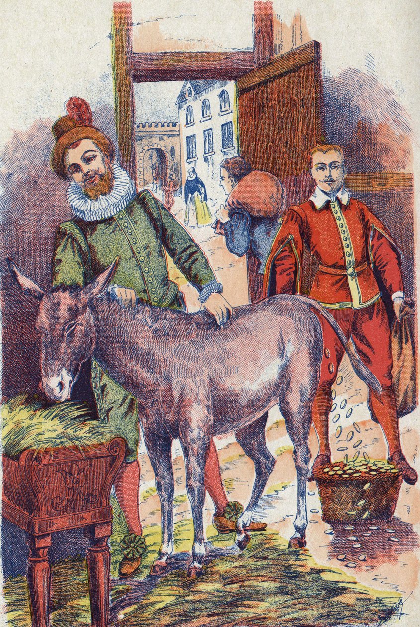 Æslet med guld ecus. Illustration til "" Æselskind""-fortælling af Charles Perrault (1628-1703), fransk forfatter. Anonym illustration. Billedmateriale Marcel Vagne, Jarville Nancy, udateret (slutningen af det 19. århundrede). af Unknown artist