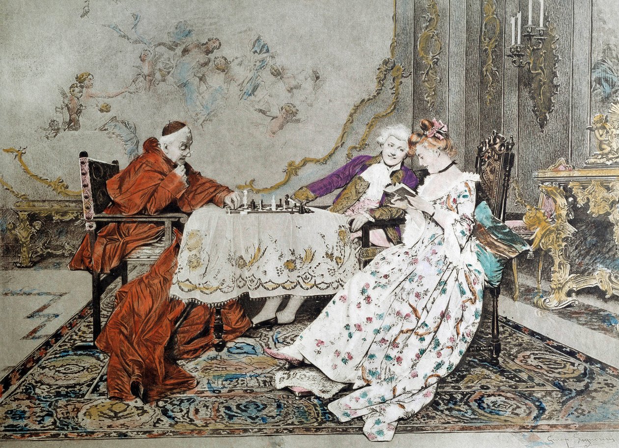 Den dobbelte del En kardinal kæmper et skakspil mod en ung mand, og engagerer sig i et forførelsesspil med en ung kvinde i nærheden af ham. Illustration af det 19. århundrede. Paris, dekorativ kunst af Unknown artist