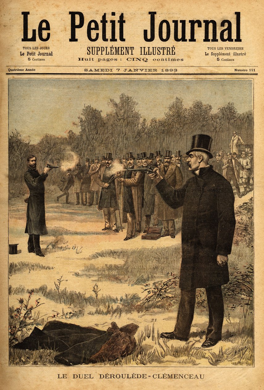 Duellen med pistolen (forbudt i Frankrig siden 1626) mellem deputerede Paul Deroulede (1846-1914) og Georges Clemenceau (1841-1929), ingen skade. Indgravering i "" Le petit journal"" 7/01/1893. Selvas samling. af Unknown artist