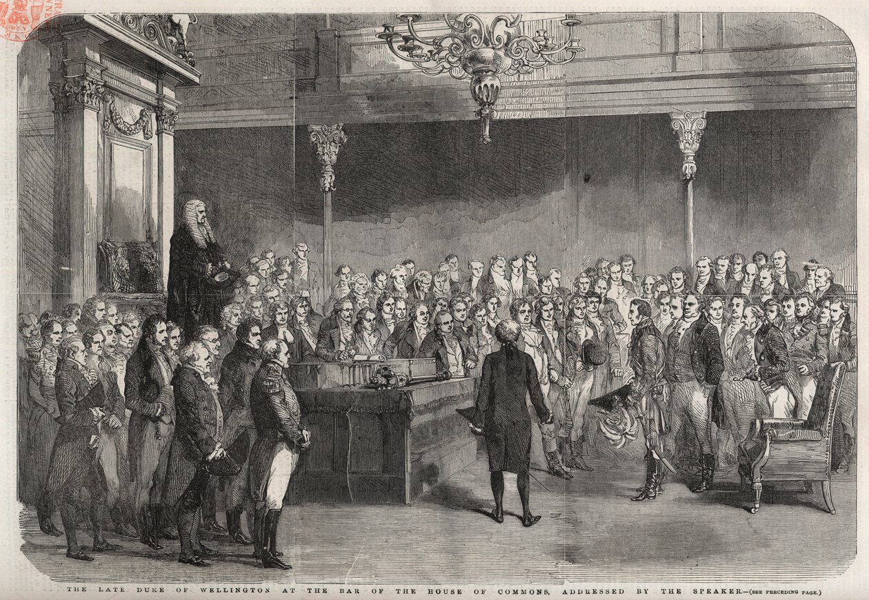 Hertugen af Wellington (Arthur Wellesley (1769-1852) (hertug af Wellington) står ved baren i Underhuset for at modtage lykønskninger fra højttaleren med hans sejr ved Vimeiro, halvøkrig af Unknown artist