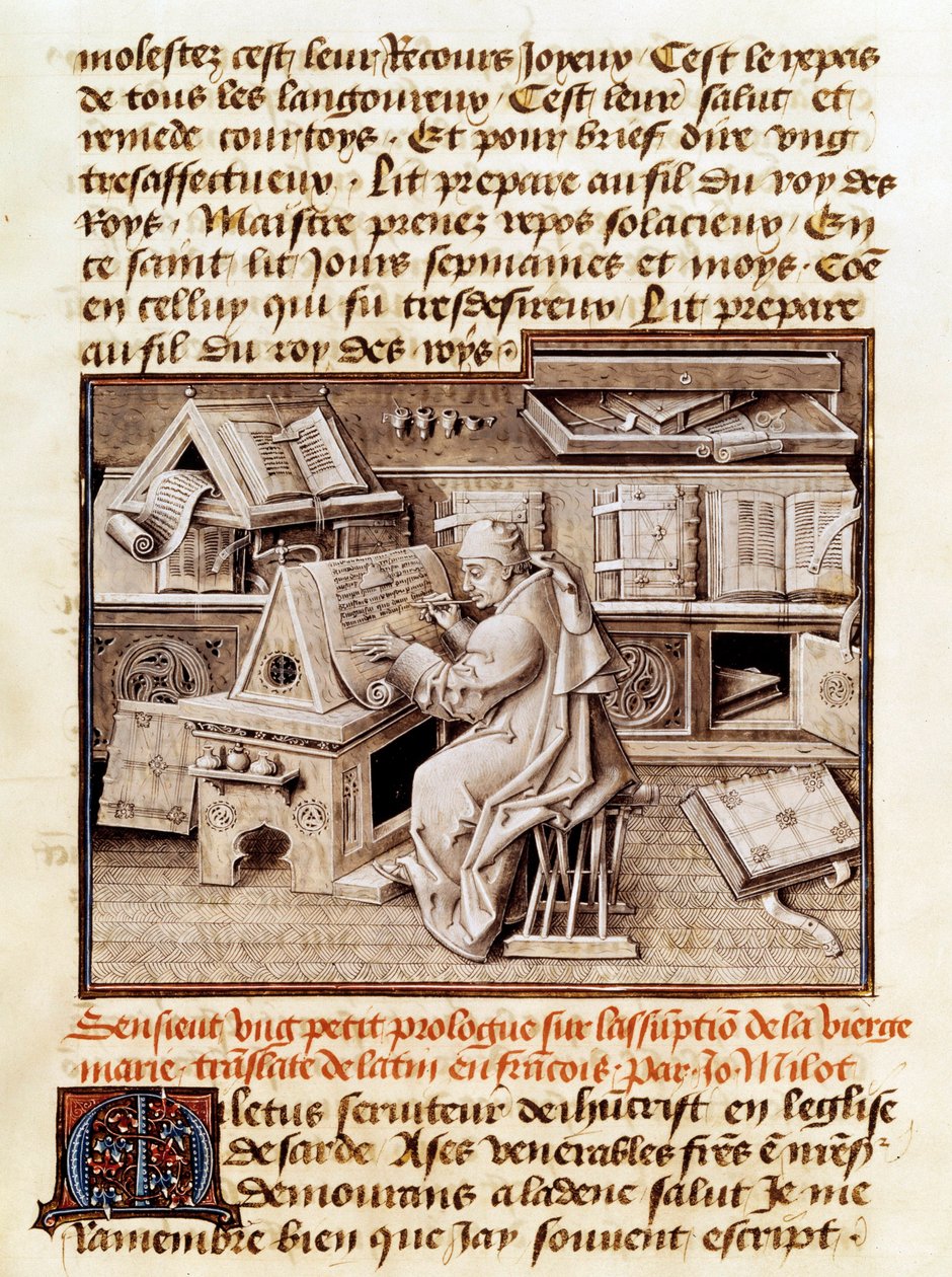 Den kirkelige, kopisten og oversætteren Jean Mielot (død 1472) repræsenterer arbejdet på sit kontor Side af et manuskript fra det 15. århundrede. Paris, B.N. af Unknown artist