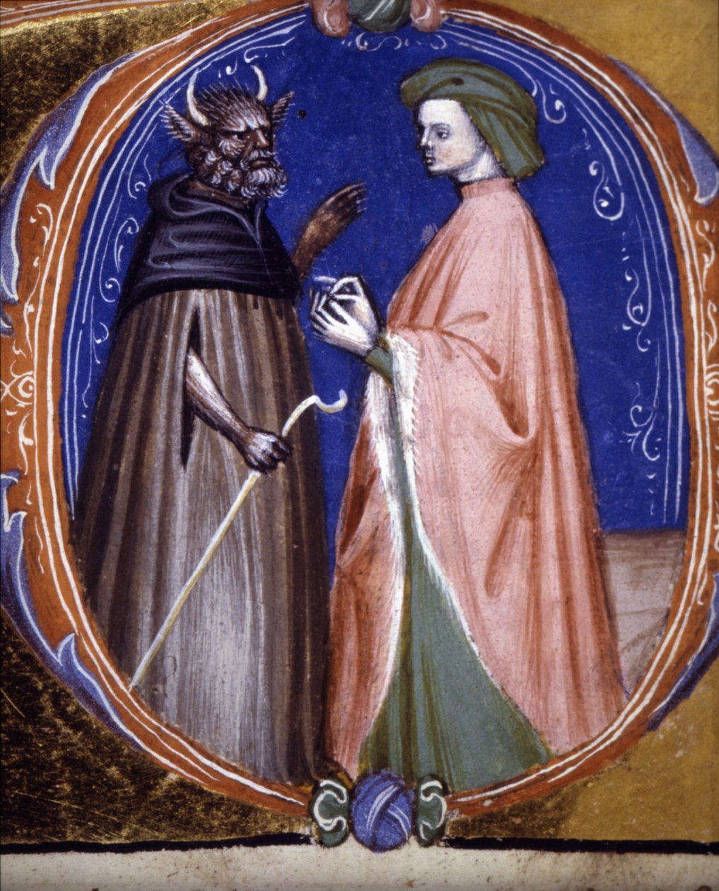 Mødet med Dæmonen. 14. århundredes manuskript. Biblioteca comunale di Rimini af Unknown artist
