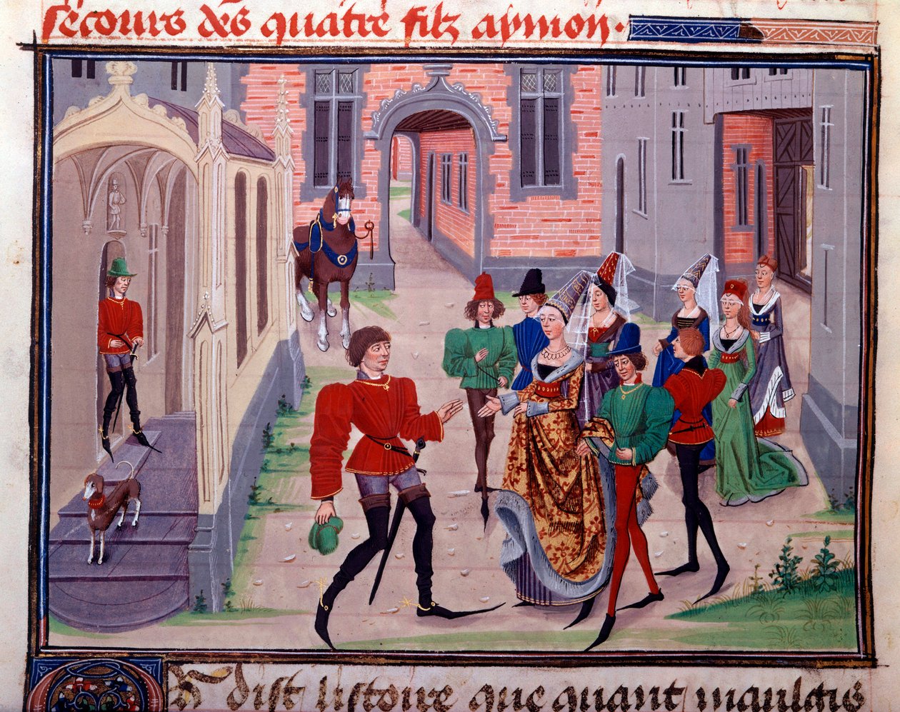 Forlovelsen af Clarisse, datter af kong Yvon de Gascony og Renaud Miniature fra manuskriptet "Renaud de Montauban" eller "Les quatre fils Aymon" af Loyset Liedet (aktivt mellem 1448 og 1478). Fru 5073. Bibliotheque de l