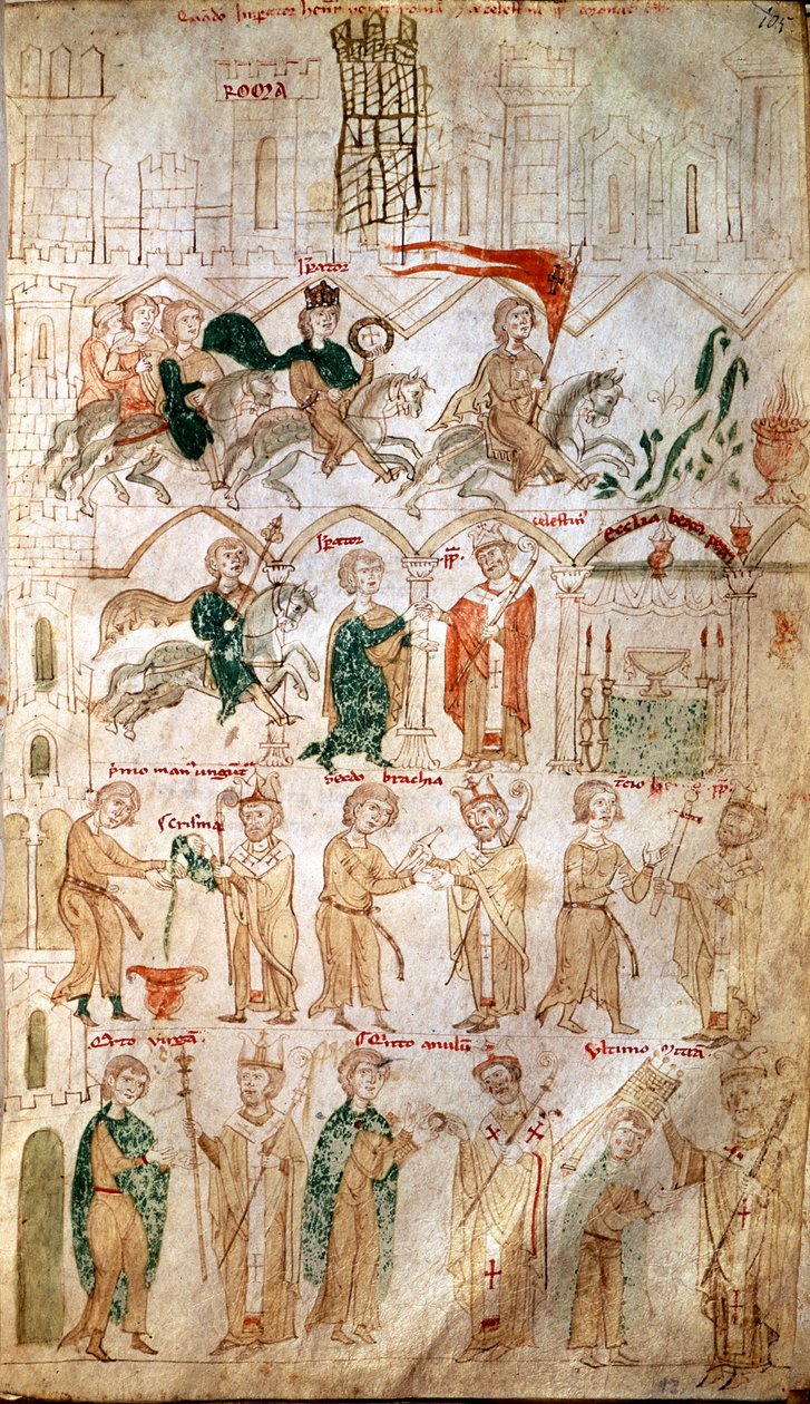 Henrik VI af Det Hellige Riges (1165-1197) indtog i Rom og hans kroning som kejser den 14/04/1191 af pave Celestin III Page taget fra "" Liber ad honorem Augusti""" af Pietro da Eboli (Peter af Eboli) - (codex 120, fol 105) Burgerbibli fra det 13. århundre af Unknown artist